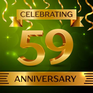 Gerçekçi elli dokuz yıl yıldönümü kutlama tasarım. Konfeti ve yeşil zemin üzerine altın şerit. Doğum günü partin için renkli vektör şablon öğeleri. Yıldönümü şerit