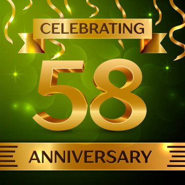 Gerçekçi elli sekiz yıl yıldönümü kutlama tasarım. Konfeti ve yeşil zemin üzerine altın şerit. Doğum günü partin için renkli vektör şablon öğeleri. Yıldönümü şerit