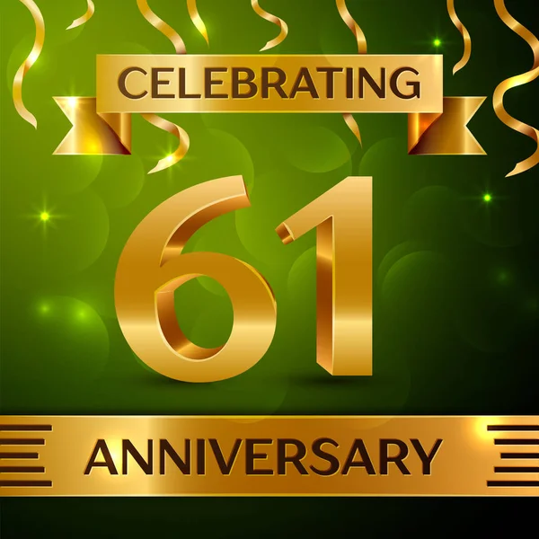 Gerçekçi altmış bir yıl yıldönümü kutlama tasarım. Konfeti ve yeşil zemin üzerine altın şerit. Doğum günü partin için renkli vektör şablon öğeleri. Yıldönümü şerit