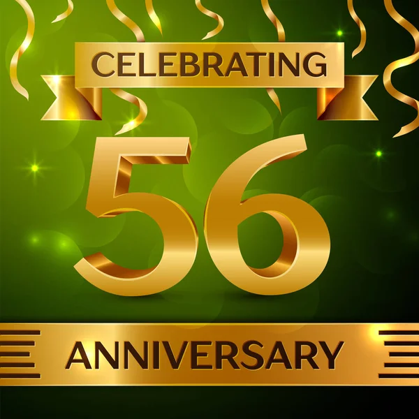 Gerçekçi elli altı yıl yıldönümü kutlama tasarım. Konfeti ve yeşil zemin üzerine altın şerit. Doğum günü partin için renkli vektör şablon öğeleri. Yıldönümü şerit