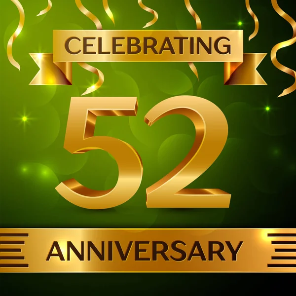 Gerçekçi elli iki yıl yıldönümü kutlama tasarım. Konfeti ve yeşil zemin üzerine altın şerit. Doğum günü partin için renkli vektör şablon öğeleri. Yıldönümü şerit