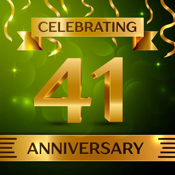 Gerçekçi kırk bir yıl yıldönümü kutlama tasarım. Konfeti ve yeşil zemin üzerine altın şerit. Doğum günü partin için renkli vektör şablon öğeleri. Yıldönümü şerit