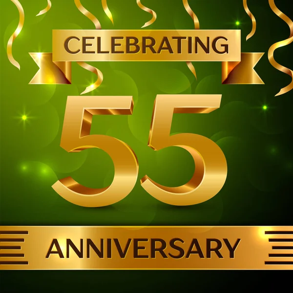 Gerçekçi elli beş yıl yıldönümü kutlama tasarım. Konfeti ve yeşil zemin üzerine altın şerit. Doğum günü partin için renkli vektör şablon öğeleri. Yıldönümü şerit