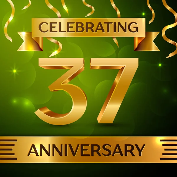 Gerçekçi otuz yedi yıl yıldönümü kutlama tasarım. Konfeti ve yeşil zemin üzerine altın şerit. Doğum günü partin için renkli vektör şablon öğeleri. Yıldönümü şerit