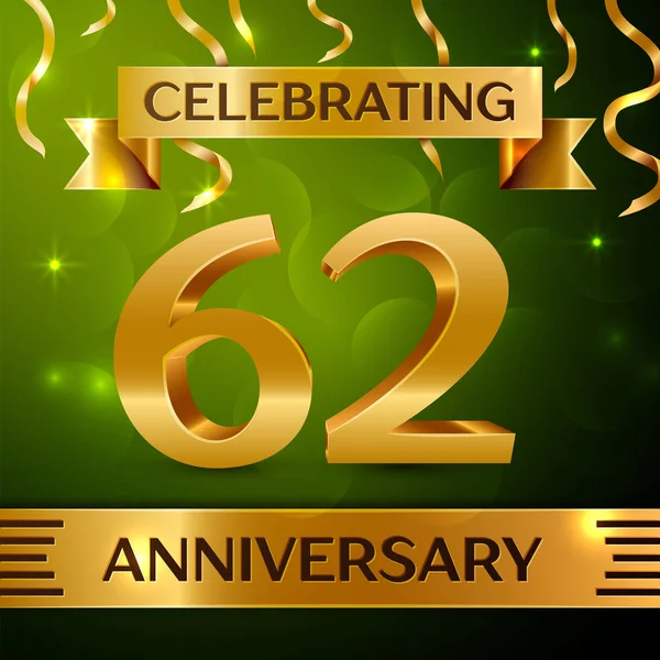 Gerçekçi altmış iki yıl yıldönümü kutlama tasarım. Konfeti ve yeşil zemin üzerine altın şerit. Doğum günü partin için renkli vektör şablon öğeleri. Yıldönümü şerit