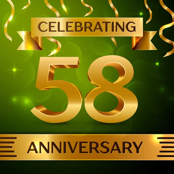 Gerçekçi elli sekiz yıl yıldönümü kutlama tasarım. Konfeti ve yeşil zemin üzerine altın şerit. Doğum günü partin için renkli vektör şablon öğeleri. Yıldönümü şerit