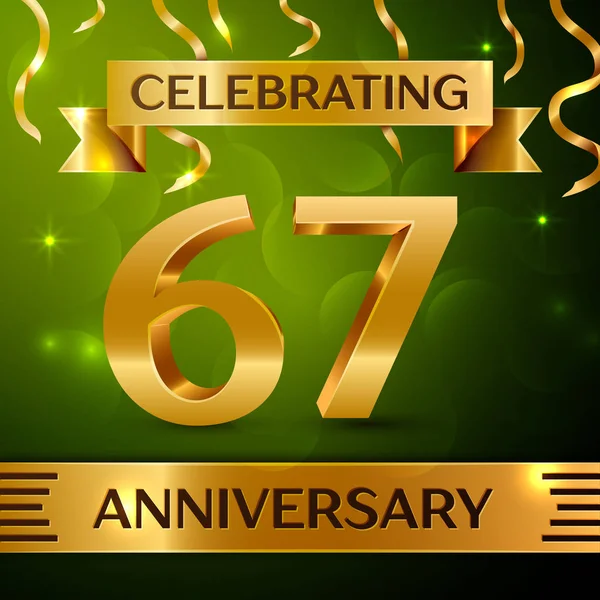 Gerçekçi altmış yedi yıl yıldönümü kutlama tasarım. Konfeti ve yeşil zemin üzerine altın şerit. Doğum günü partin için renkli vektör şablon öğeleri. Yıldönümü şerit