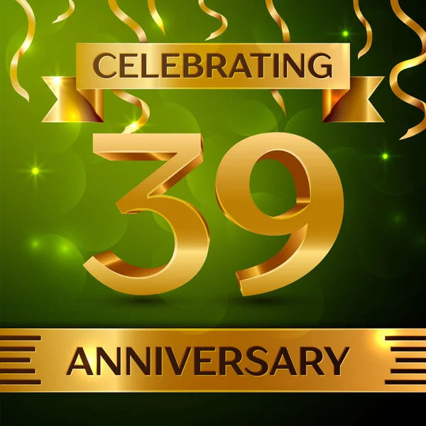 Gerçekçi otuz dokuz yıl yıldönümü kutlama tasarım. Konfeti ve yeşil zemin üzerine altın şerit. Doğum günü partin için renkli vektör şablon öğeleri. Yıldönümü şerit