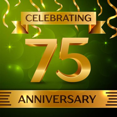 Realistic Seventy five Years Anniversary Celebration Design. Confetti and gold ribbon on green background. Colorful Vector template elements for your birthday party. Anniversary ribbon clipart