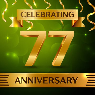 Gerçekçi yetmiş yedi yıl yıldönümü kutlama tasarım. Konfeti ve yeşil zemin üzerine altın şerit. Doğum günü partin için renkli vektör şablon öğeleri. Yıldönümü şerit