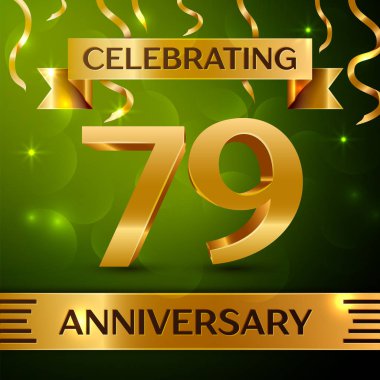 Gerçekçi yetmiş dokuz yıl yıldönümü kutlama tasarım. Konfeti ve yeşil zemin üzerine altın şerit. Doğum günü partin için renkli vektör şablon öğeleri. Yıldönümü şerit