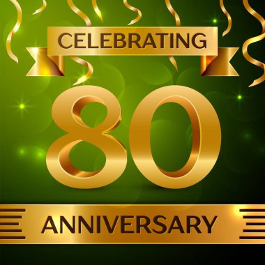 Gerçekçi seksen yıl yıldönümü kutlama tasarım. Konfeti ve yeşil zemin üzerine altın şerit. Doğum günü partin için renkli vektör şablon öğeleri. Yıldönümü şerit