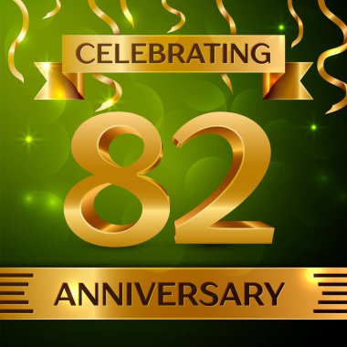 Gerçekçi seksen iki yıl yıldönümü kutlama tasarım. Konfeti ve yeşil zemin üzerine altın şerit. Doğum günü partin için renkli vektör şablon öğeleri. Yıldönümü şerit