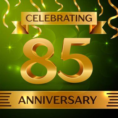Gerçekçi Seksen beş yıl yıldönümü kutlama tasarım. Konfeti ve yeşil zemin üzerine altın şerit. Doğum günü partin için renkli vektör şablon öğeleri. Yıldönümü şerit