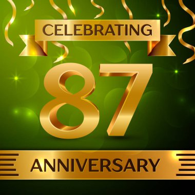 Gerçekçi seksen yedi yıl yıldönümü kutlama tasarım. Konfeti ve yeşil zemin üzerine altın şerit. Doğum günü partin için renkli vektör şablon öğeleri. Yıldönümü şerit