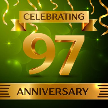 Gerçekçi doksan yedi yıl yıldönümü kutlama tasarım. Konfeti ve yeşil zemin üzerine altın şerit. Doğum günü partin için renkli vektör şablon öğeleri. Yıldönümü şerit