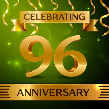 Gerçekçi doksan altı yıl yıldönümü kutlama tasarım. Konfeti ve yeşil zemin üzerine altın şerit. Doğum günü partin için renkli vektör şablon öğeleri. Yıldönümü şerit