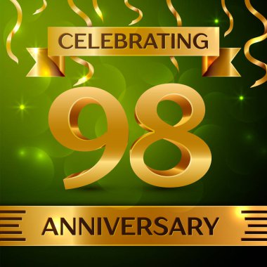 Gerçekçi doksan sekiz yıl yıldönümü kutlama tasarım. Konfeti ve yeşil zemin üzerine altın şerit. Doğum günü partin için renkli vektör şablon öğeleri. Yıldönümü şerit