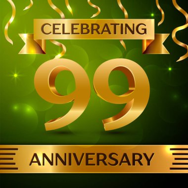 Gerçekçi doksan dokuz yıl yıldönümü kutlama tasarım. Konfeti ve yeşil zemin üzerine altın şerit. Doğum günü partin için renkli vektör şablon öğeleri. Yıldönümü şerit