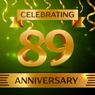 Gerçekçi seksen dokuz yıl yıldönümü kutlama tasarım. Konfeti ve yeşil zemin üzerine altın şerit. Doğum günü partin için renkli vektör şablon öğeleri. Yıldönümü şerit