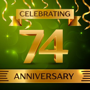 Gerçekçi Yetmiş dört yıl yıldönümü kutlama tasarım. Konfeti ve yeşil zemin üzerine altın şerit. Doğum günü partin için renkli vektör şablon öğeleri. Yıldönümü şerit