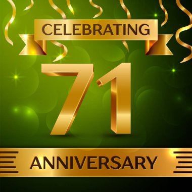 Gerçekçi yetmiş bir yıl yıldönümü kutlama tasarım. Konfeti ve yeşil zemin üzerine altın şerit. Doğum günü partin için renkli vektör şablon öğeleri. Yıldönümü şerit