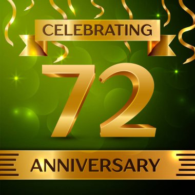 Gerçekçi yetmiş iki yıl yıldönümü kutlama tasarım. Konfeti ve yeşil zemin üzerine altın şerit. Doğum günü partin için renkli vektör şablon öğeleri. Yıldönümü şerit