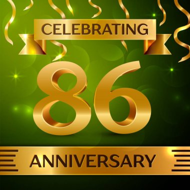 Gerçekçi seksen altı yıl yıldönümü kutlama tasarım. Konfeti ve yeşil zemin üzerine altın şerit. Doğum günü partin için renkli vektör şablon öğeleri. Yıldönümü şerit