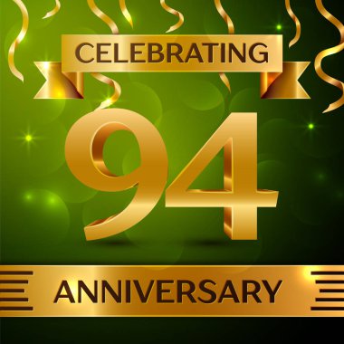 Gerçekçi Doksan dört yıl yıldönümü kutlama tasarım. Konfeti ve yeşil zemin üzerine altın şerit. Doğum günü partin için renkli vektör şablon öğeleri. Yıldönümü şerit