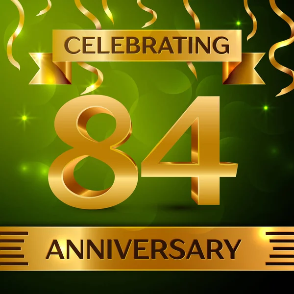 Gerçekçi seksen dört yıl yıldönümü kutlama tasarım. Konfeti ve yeşil zemin üzerine altın şerit. Doğum günü partin için renkli vektör şablon öğeleri. Yıldönümü şerit