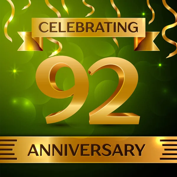Gerçekçi doksan iki yıl yıldönümü kutlama tasarım. Konfeti ve yeşil zemin üzerine altın şerit. Doğum günü partin için renkli vektör şablon öğeleri. Yıldönümü şerit