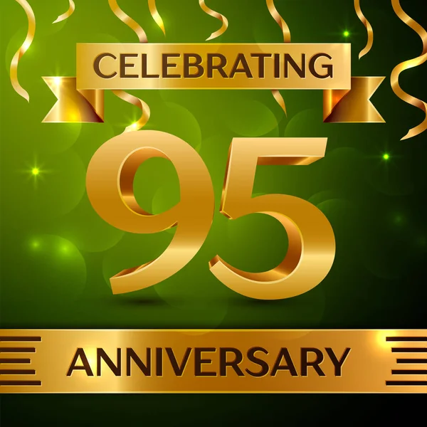 Gerçekçi doksan beş yıl yıldönümü kutlama tasarım. Konfeti ve yeşil zemin üzerine altın şerit. Doğum günü partin için renkli vektör şablon öğeleri. Yıldönümü şerit