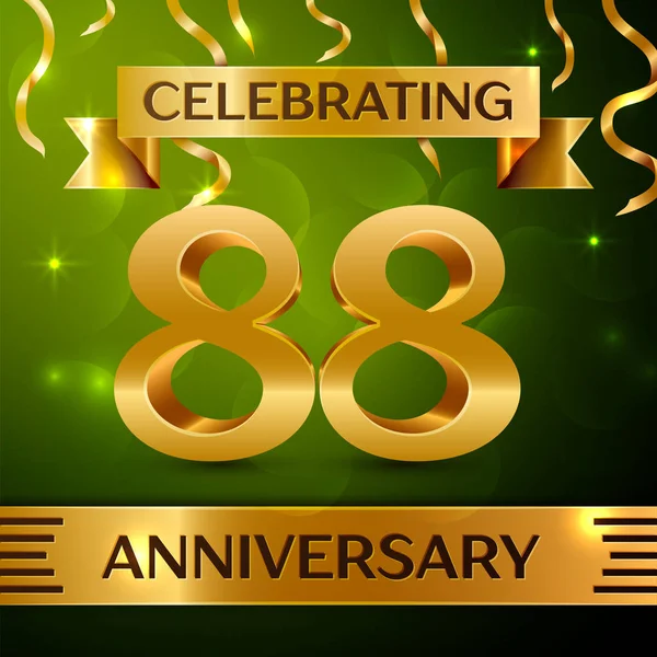 現実的な 80 8 年周年記念お祝いデザイン。紙吹雪と緑の背景にゴールドのリボン。あなたの誕生日パーティーのためのカラフルなベクトル テンプレート要素。周年記念リボン — ストックベクタ
