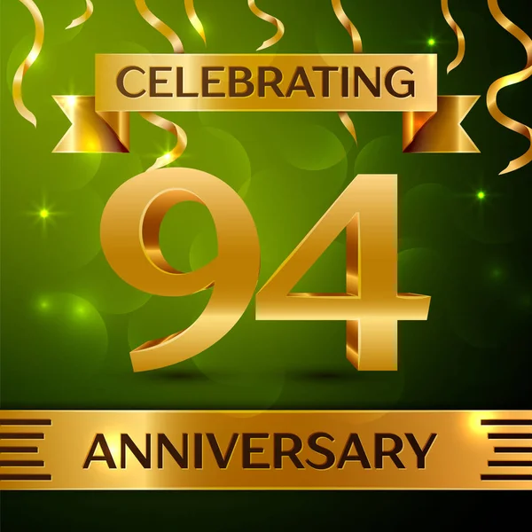 Gerçekçi Doksan dört yıl yıldönümü kutlama tasarım. Konfeti ve yeşil zemin üzerine altın şerit. Doğum günü partin için renkli vektör şablon öğeleri. Yıldönümü şerit