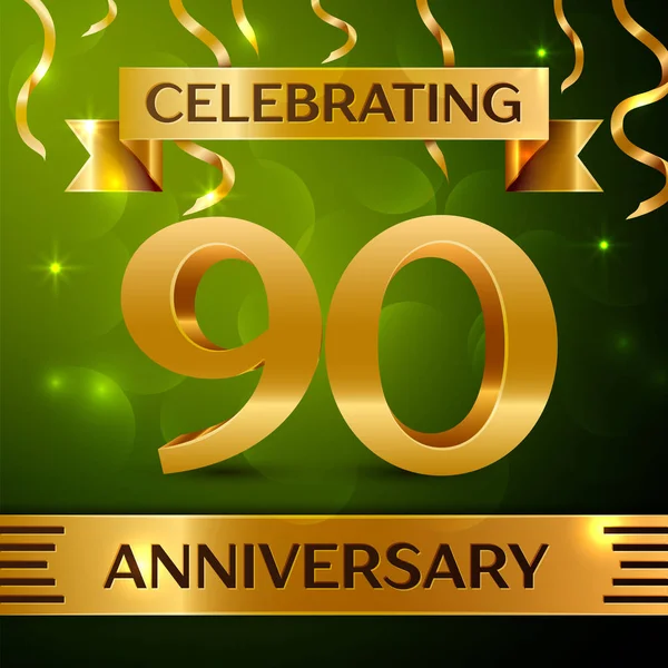 Gerçekçi doksan yıl yıldönümü kutlama tasarım. Konfeti ve yeşil zemin üzerine altın şerit. Doğum günü partin için renkli vektör şablon öğeleri. Yıldönümü şerit
