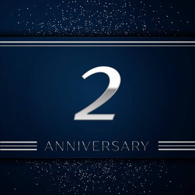 Gerçekçi iki yıl yıldönümü kutlama logo. Gümüş numaraları ve mavi arka plan üzerinde gümüş konfeti. Doğum günü partin için renkli vektör şablon öğeleri