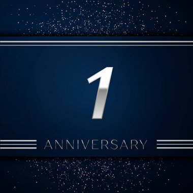 Gerçekçi bir yıl yıldönümü kutlama logo. Gümüş numaraları ve mavi arka plan üzerinde gümüş konfeti. Doğum günü partin için renkli vektör şablon öğeleri