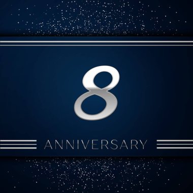 Gerçekçi sekiz yıl yıldönümü kutlama logo. Gümüş numaraları ve mavi arka plan üzerinde gümüş konfeti. Doğum günü partin için renkli vektör şablon öğeleri