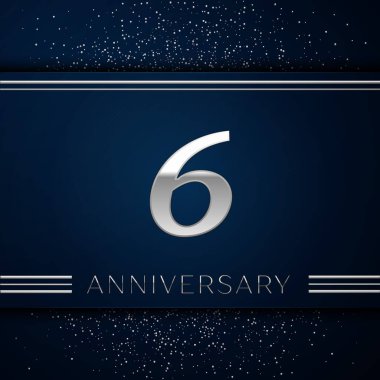 Gerçekçi altı yıl yıldönümü kutlama logo. Gümüş numaraları ve mavi arka plan üzerinde gümüş konfeti. Doğum günü partin için renkli vektör şablon öğeleri