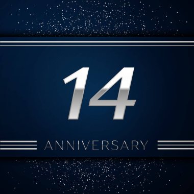 Gerçekçi on dört yıl yıldönümü kutlama logo. Gümüş numaraları ve mavi arka plan üzerinde gümüş konfeti. Doğum günü partin için renkli vektör şablon öğeleri