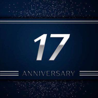 Gerçekçi on yedi yıl yıldönümü kutlama logo. Gümüş numaraları ve mavi arka plan üzerinde gümüş konfeti. Doğum günü partin için renkli vektör şablon öğeleri