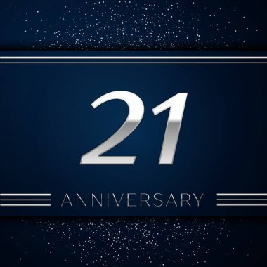 Gerçekçi yirmi bir yıl yıldönümü kutlama logo. Gümüş numaraları ve mavi arka plan üzerinde gümüş konfeti. Doğum günü partin için renkli vektör şablon öğeleri