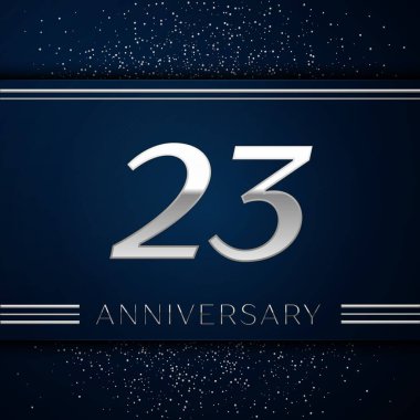 Gerçekçi yirmi üç yıl yıldönümü kutlama logo. Gümüş numaraları ve mavi arka plan üzerinde gümüş konfeti. Doğum günü partin için renkli vektör şablon öğeleri