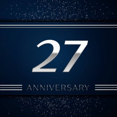 Gerçekçi yirmi yedi yıl yıldönümü kutlama logo. Gümüş numaraları ve mavi arka plan üzerinde gümüş konfeti. Doğum günü partin için renkli vektör şablon öğeleri