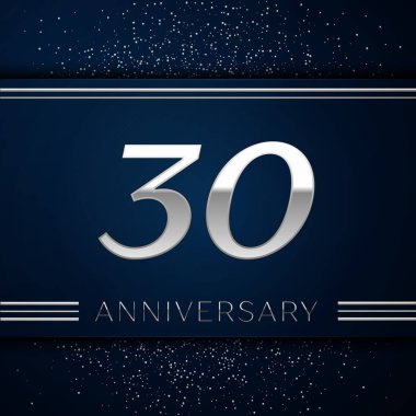Gerçekçi otuz yıl yıldönümü kutlama logo. Gümüş numaraları ve mavi arka plan üzerinde gümüş konfeti. Doğum günü partin için renkli vektör şablon öğeleri