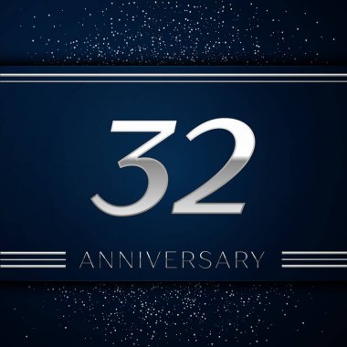 Gerçekçi otuz iki yıl yıldönümü kutlama logo. Gümüş numaraları ve mavi arka plan üzerinde gümüş konfeti. Doğum günü partin için renkli vektör şablon öğeleri