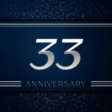 Gerçekçi otuz üç yıl yıldönümü kutlama logo. Gümüş numaraları ve mavi arka plan üzerinde gümüş konfeti. Doğum günü partin için renkli vektör şablon öğeleri