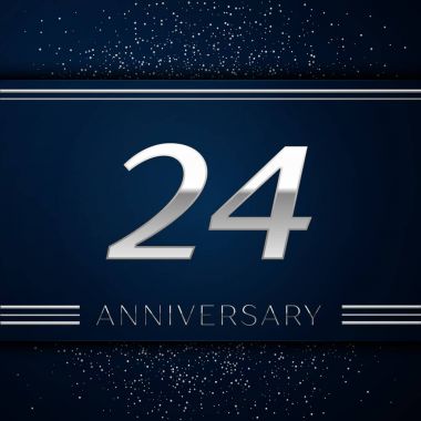Gerçekçi yirmi dört yıl yıldönümü kutlama logo. Gümüş numaraları ve mavi arka plan üzerinde gümüş konfeti. Doğum günü partin için renkli vektör şablon öğeleri