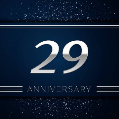 Gerçekçi yirmi dokuz yıl yıldönümü kutlama logo. Gümüş numaraları ve mavi arka plan üzerinde gümüş konfeti. Doğum günü partin için renkli vektör şablon öğeleri