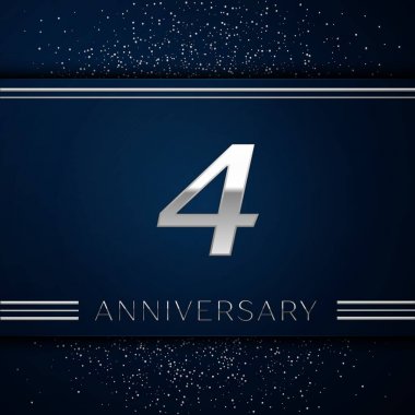 Gerçekçi dört yıl yıldönümü kutlama logo. Gümüş numaraları ve mavi arka plan üzerinde gümüş konfeti. Doğum günü partin için renkli vektör şablon öğeleri